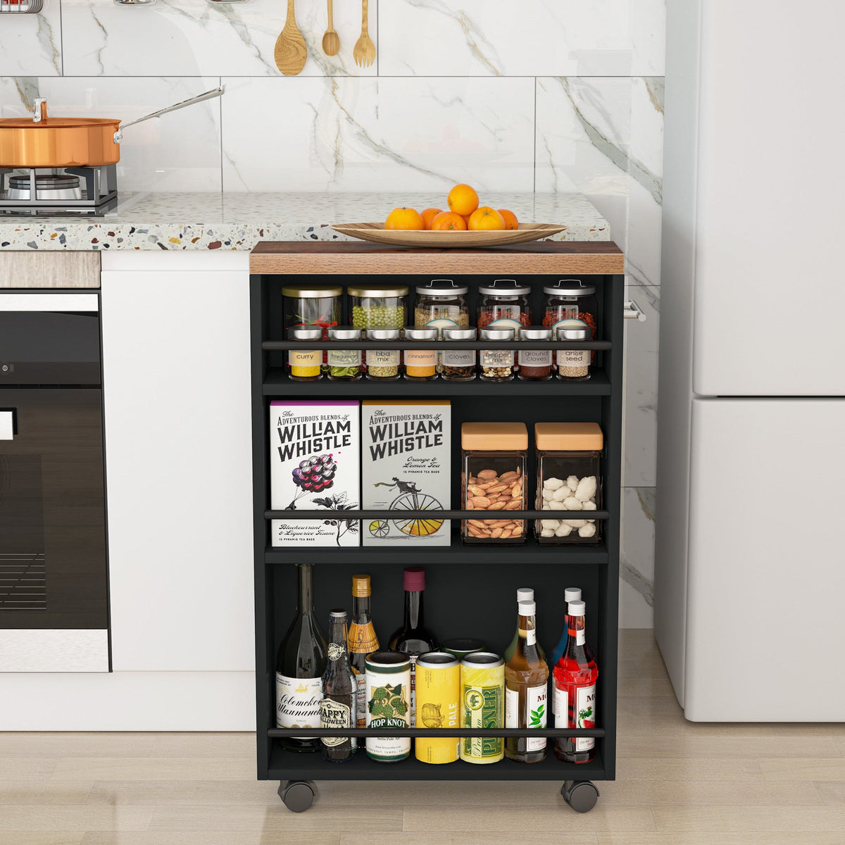 Narrow cart loaded with jars and bottles beside a fridge
