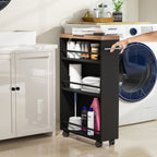 Slim cart rolled beside a washing machine holding laundry supplies