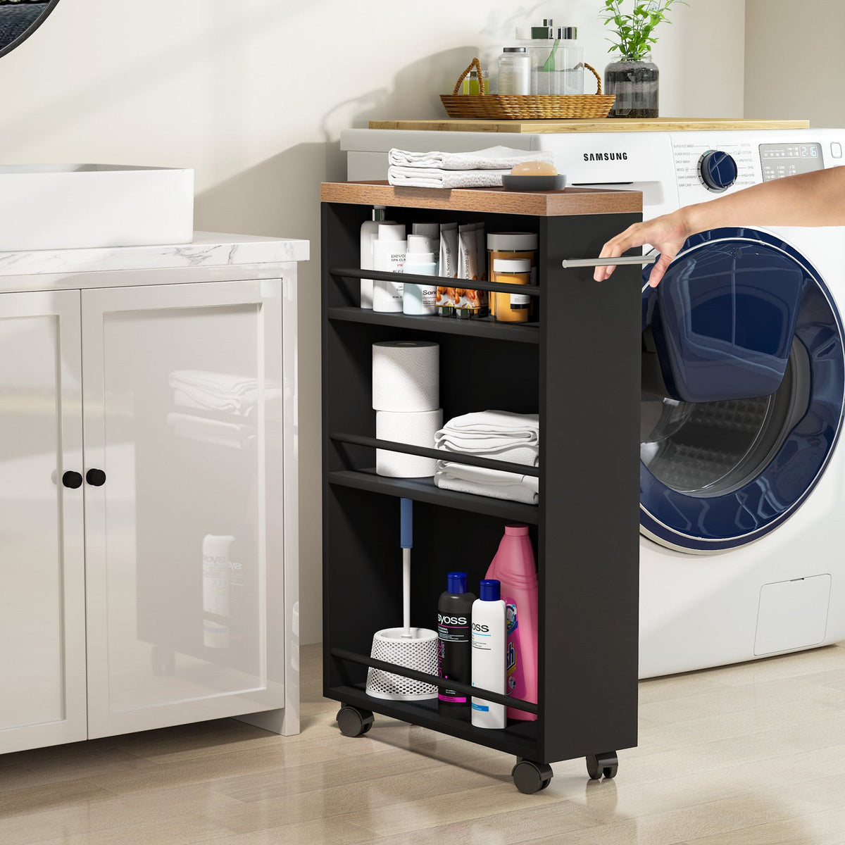 Slim cart rolled beside a washing machine holding laundry supplies