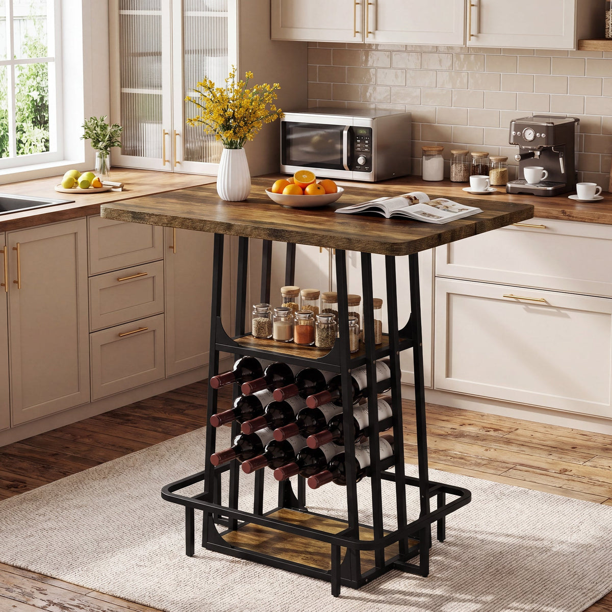 Stowena 39 inch bar height kitchen island with wine rack holding bottles in a white kitchen