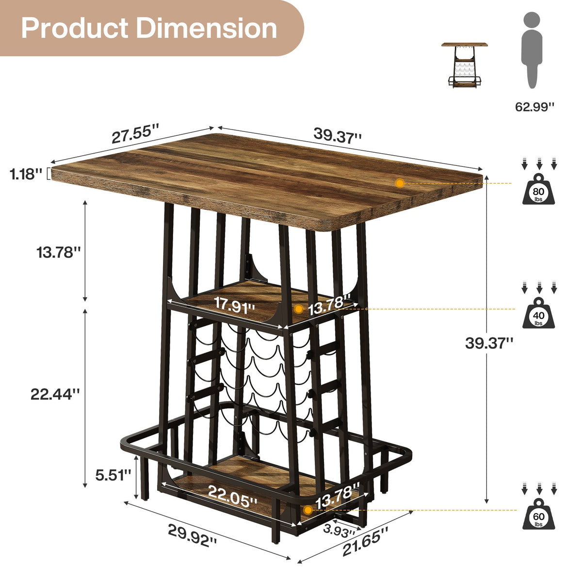 Dimension diagram: 39.37 in wide, 27.55 in deep, 39.37 in tall with 80, 40 and 60 lb tier capacities