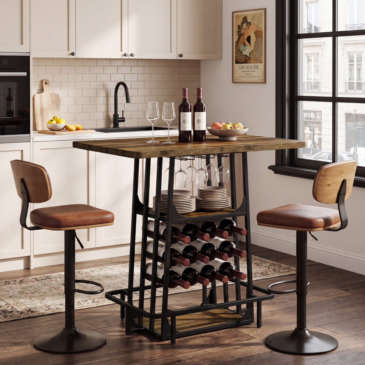 Kitchen island bar with wine bottles and stemware between two leather stools
