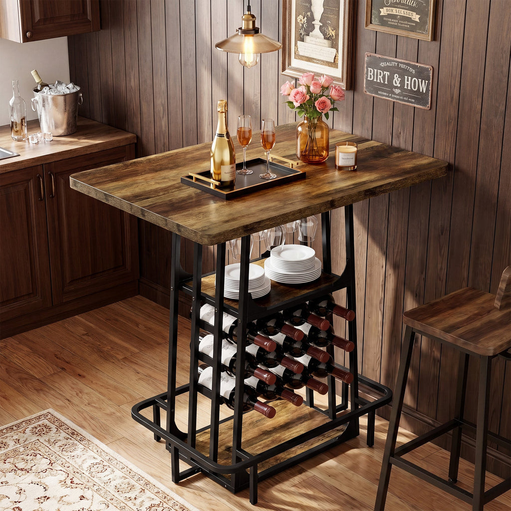 Rustic island with a serving tray, wine rack and hanging glasses in a wood-paneled kitchen