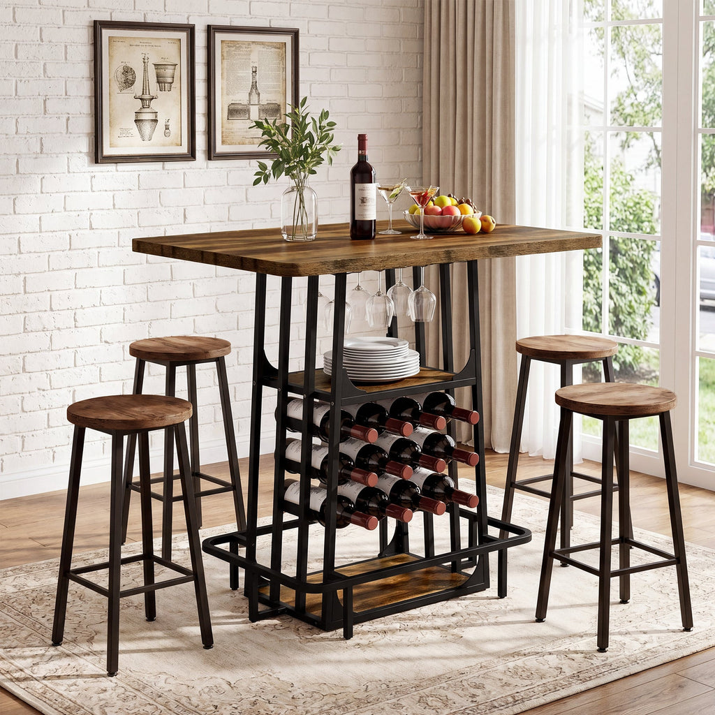 Bar height island with two stools holding fruit and wine by a bright window