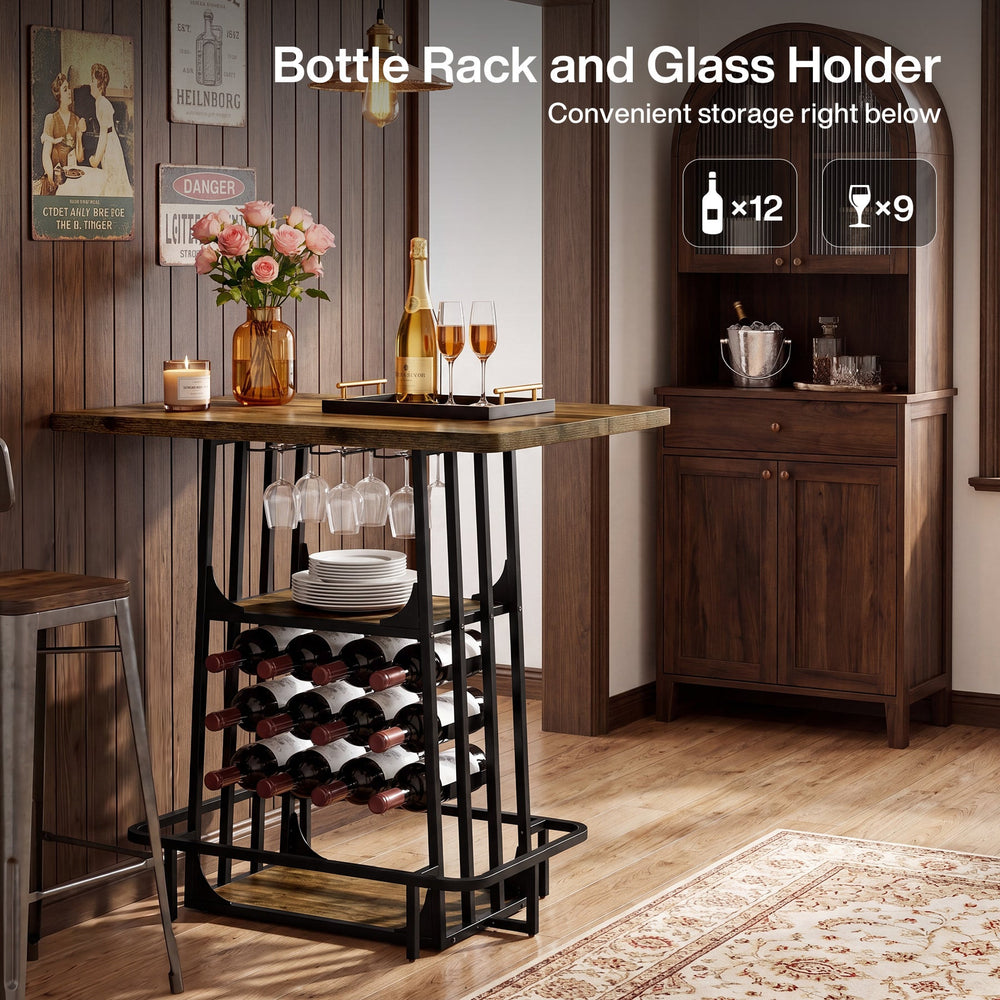 Storage graphic: bottle rack for 12 and glass holder for 9 right below the worktop