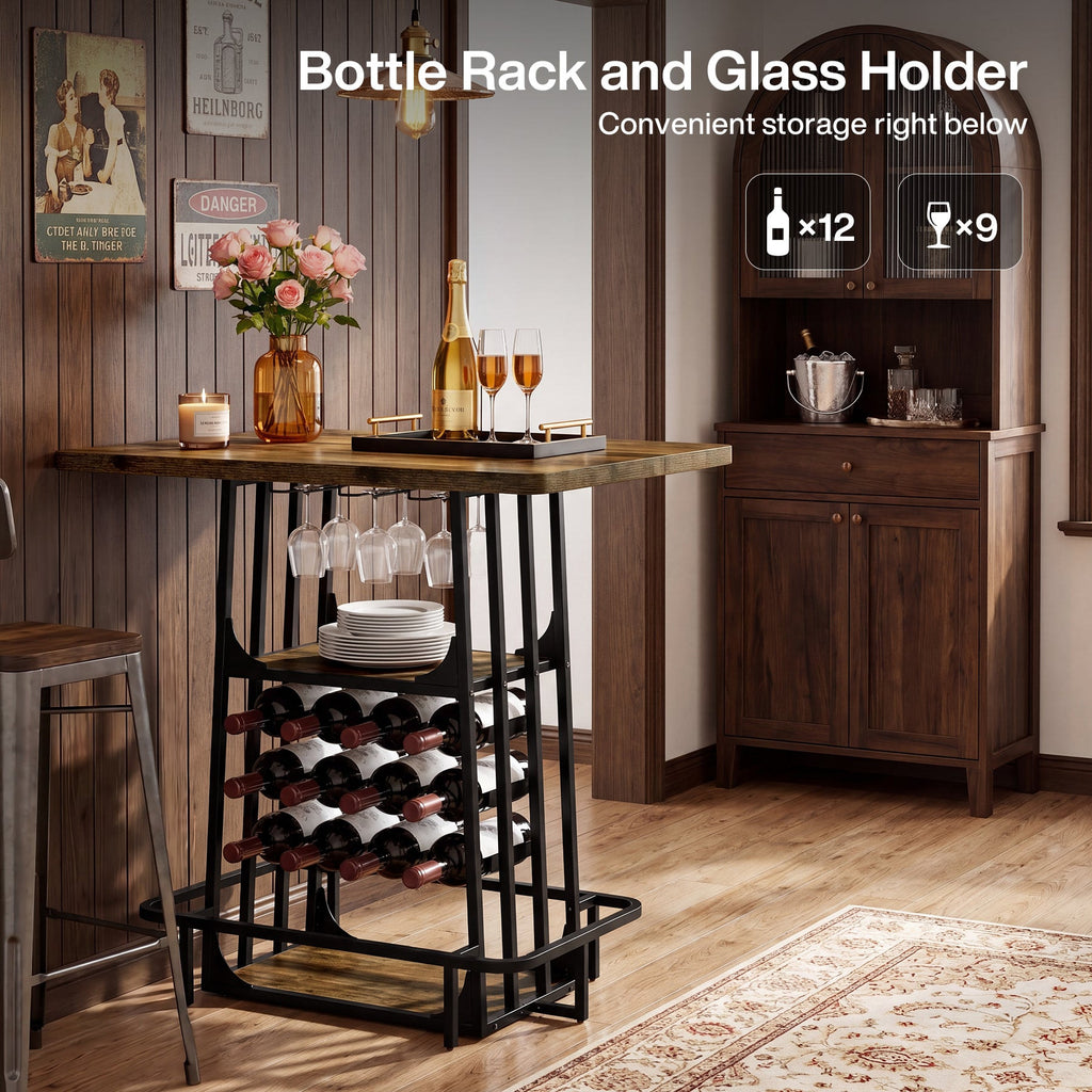 Storage graphic: bottle rack for 12 and glass holder for 9 right below the worktop