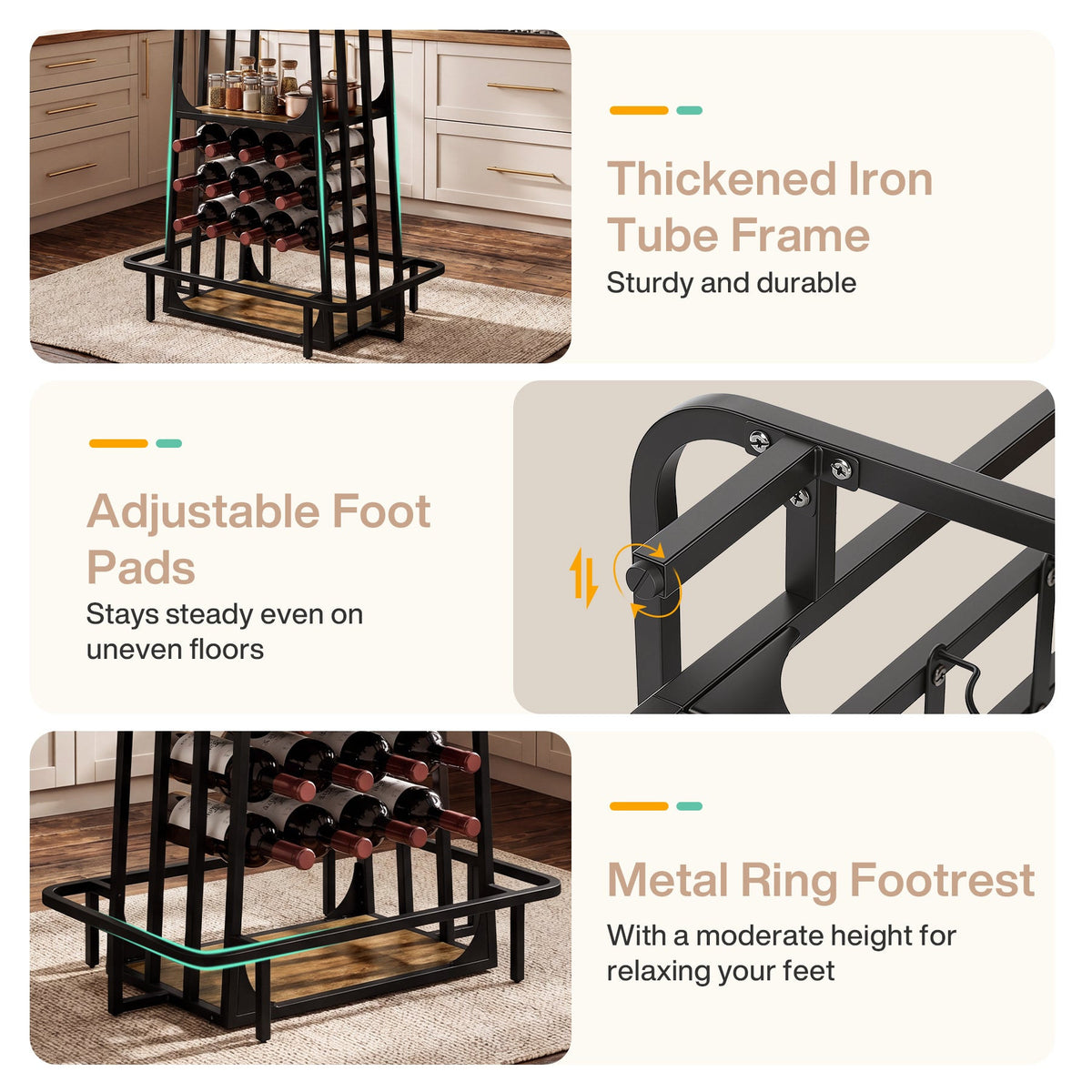 Feature composite: thickened iron tube frame, adjustable foot pads, metal ring footrest