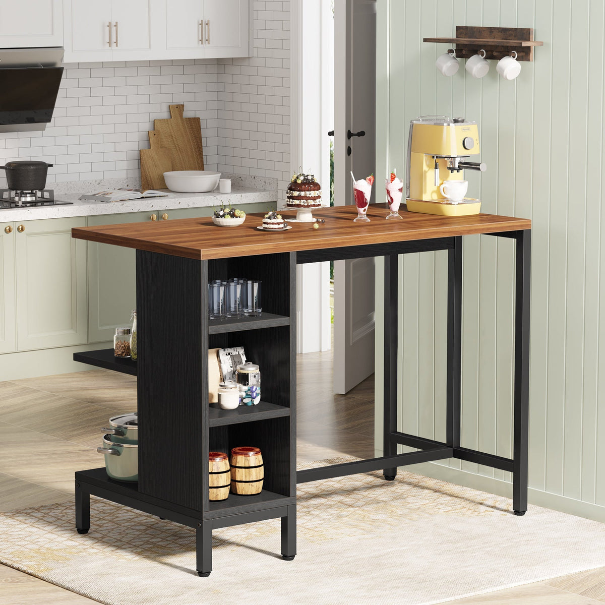 Stowena 43 inch kitchen island with walnut top and 5 open shelves in a white kitchen
