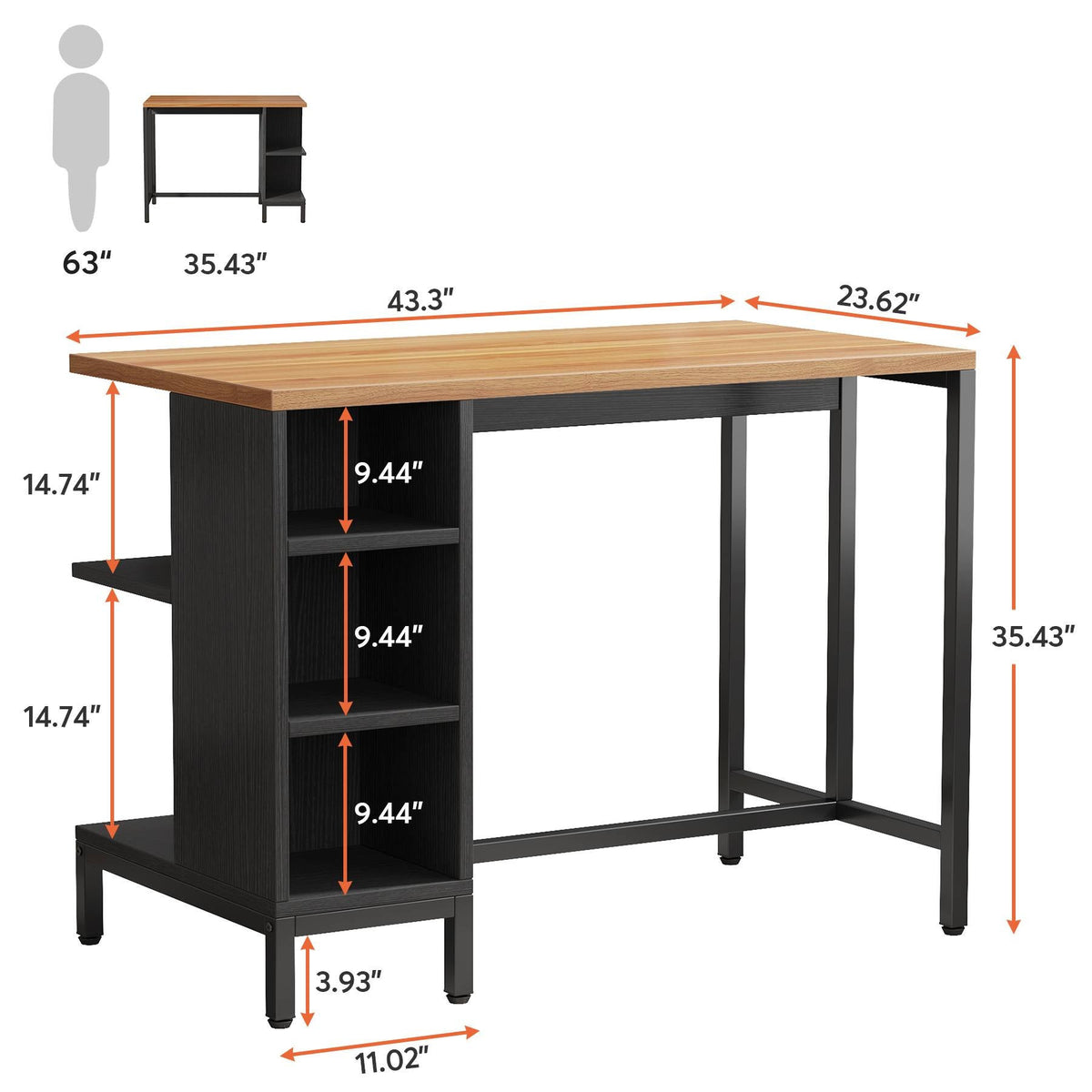 Dimension diagram: 43.3 x 23.62 x 35.43 in with 9.44 and 14.74 in shelf bays
