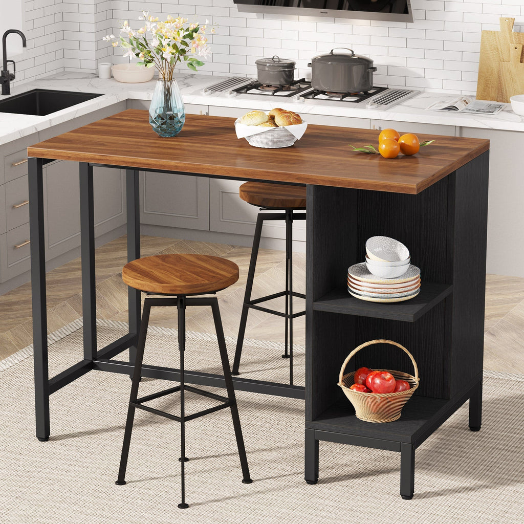 Island counter table with stools and cookware in a bright kitchen