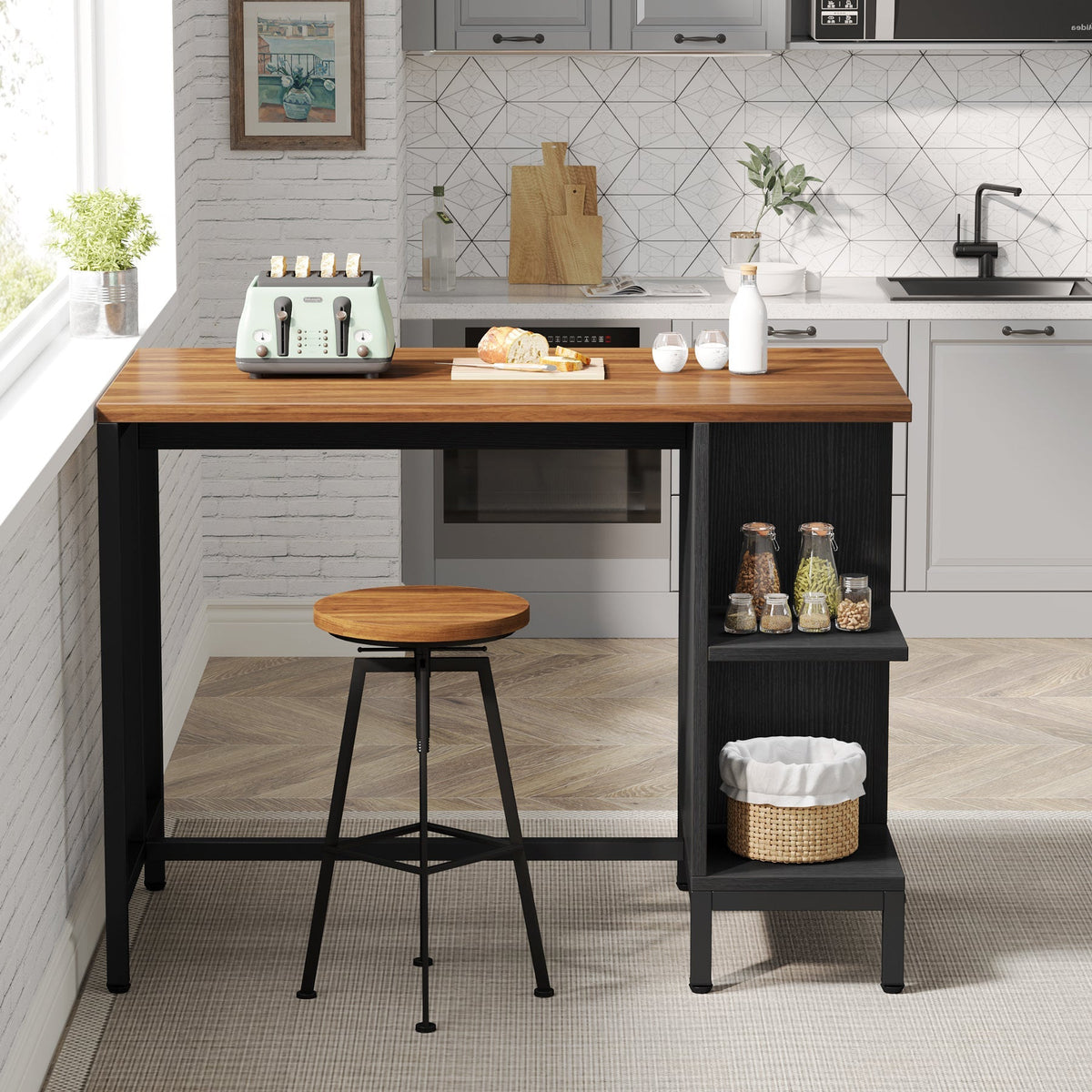 Walnut and black island against a kitchen wall with toaster and baskets