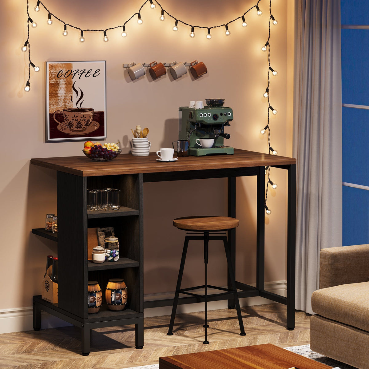 Kitchen island as a coffee bar with string lights and machine