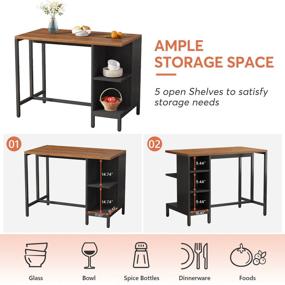 Ample storage callouts: 5 open shelves for glasses, bowls, spice bottles and dinnerware
