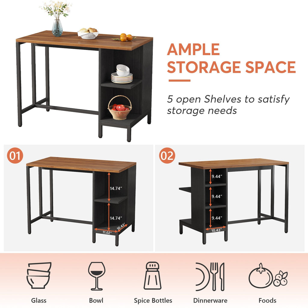 Ample storage callouts: 5 open shelves for glasses, bowls, spice bottles and dinnerware