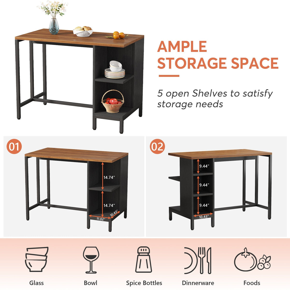 Ample storage callouts: 5 open shelves for glasses, bowls, spice bottles and dinnerware