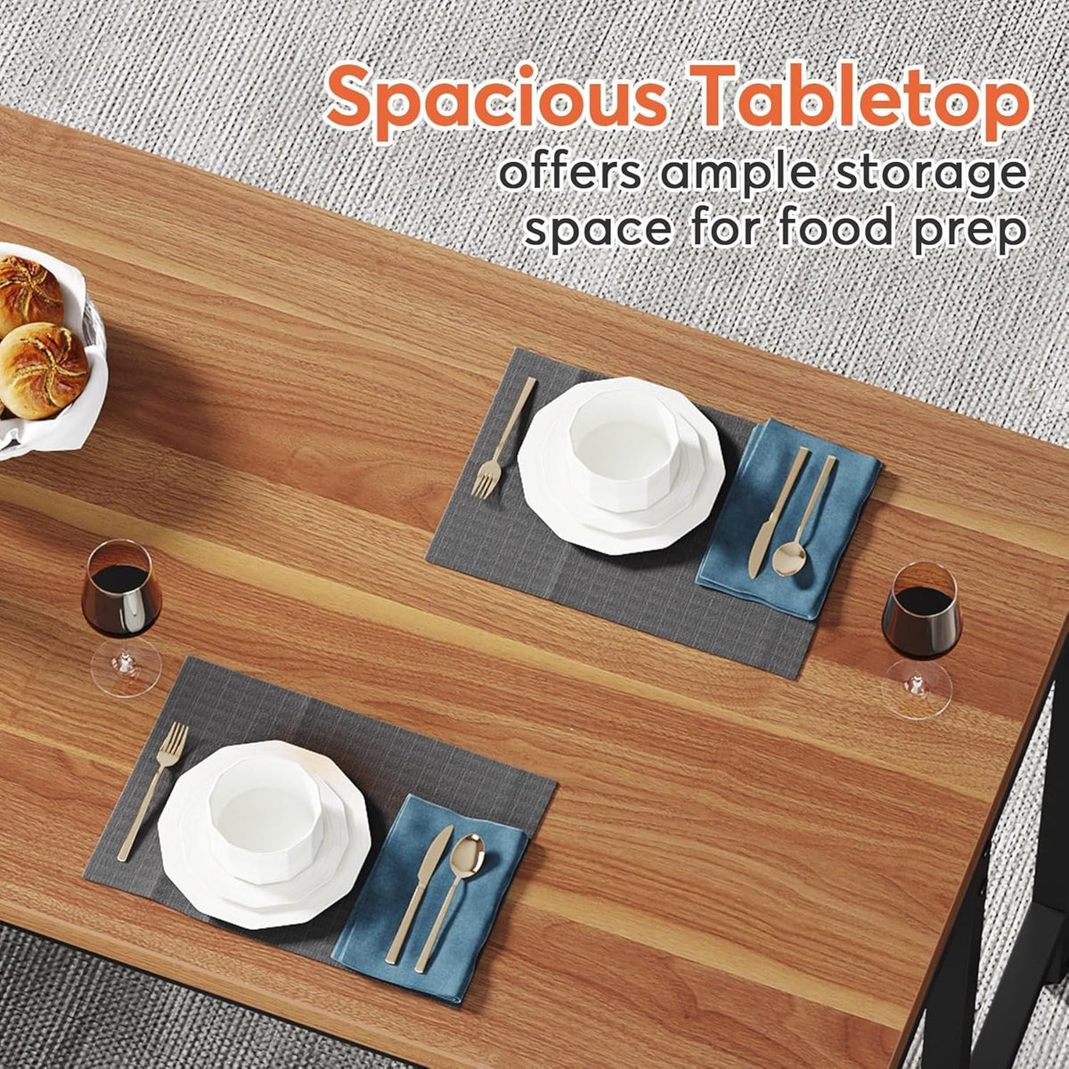 Spacious walnut tabletop from above with place settings