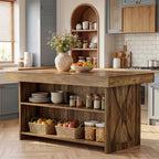Rustic brown farmhouse kitchen island with jars and baskets on the two open shelves