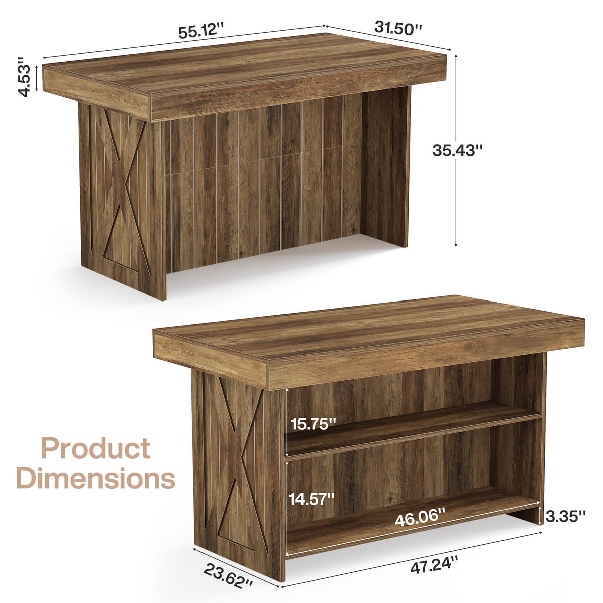 Dimension diagram showing 55.12 by 31.5 by 35.43 inches and a 4.53 inch thick countertop