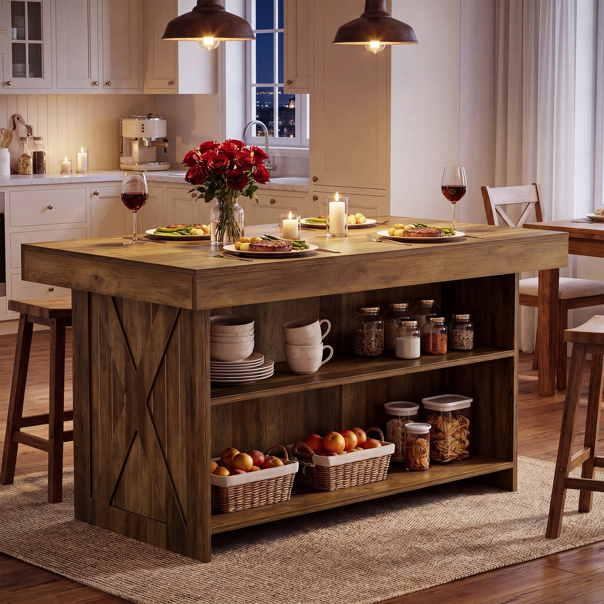 The island laid for dinner with plates and glasses, stools tucked under the long side