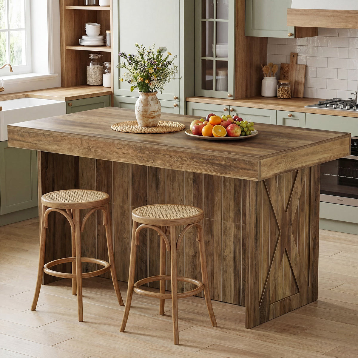 Kitchen island with two rattan stools seated along the long side as a breakfast bar