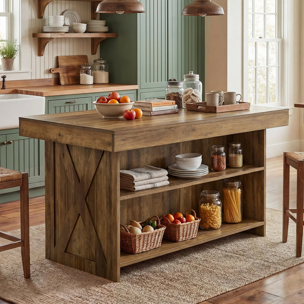 The island in a green kitchen with crockery and jars stored on the lower shelves