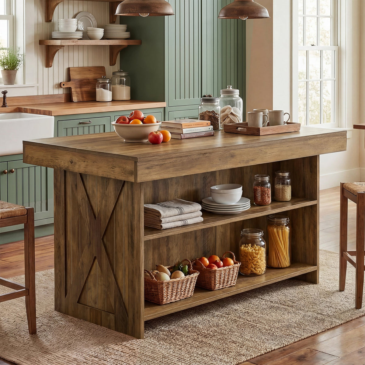 The island in a green kitchen with crockery and jars stored on the lower shelves