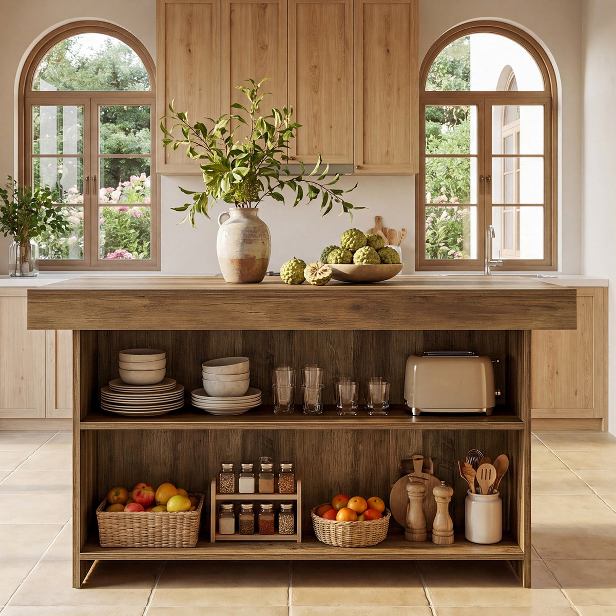 Farmhouse island under arched windows holding a toaster, baskets and kitchen jars