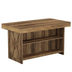 Rustic brown kitchen island photographed against a plain background showing the X braced ends