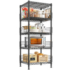 Black 5 tier wire pantry shelves 18.1 x 18.1 x 59 in on a white background, shelves holding jars, a microwave, canisters and a wood crate