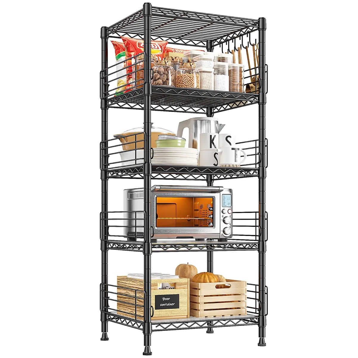 Black 5 tier wire pantry shelves 18.1 x 18.1 x 59 in on a white background, shelves holding jars, a microwave, canisters and a wood crate