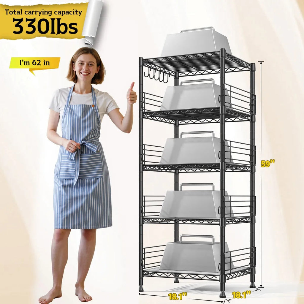Dimension diagram: 5 tier pantry rack 18.1 in wide, 18.1 in deep, 59 in high, listed at 330 lb total carrying capacity