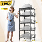 Dimension diagram: 5 tier pantry rack 18.1 in wide, 18.1 in deep, 59 in high, listed at 330 lb total carrying capacity