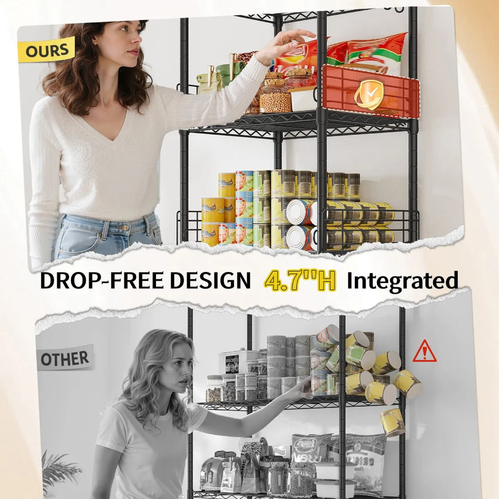Detail graphic: integrated side rails listed at 4.7 in high keeping jars and cans from sliding off the shelf edge