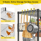 Detail graphic: five detachable hooks on the side of the rack holding utensils and a pan, with non-slip liners shown