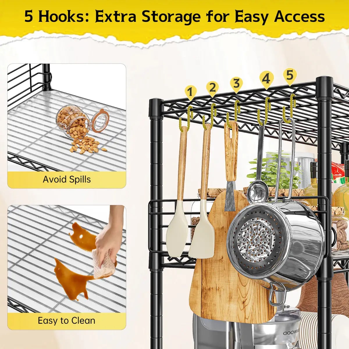 Detail graphic: five detachable hooks on the side of the rack holding utensils and a pan, with non-slip liners shown
