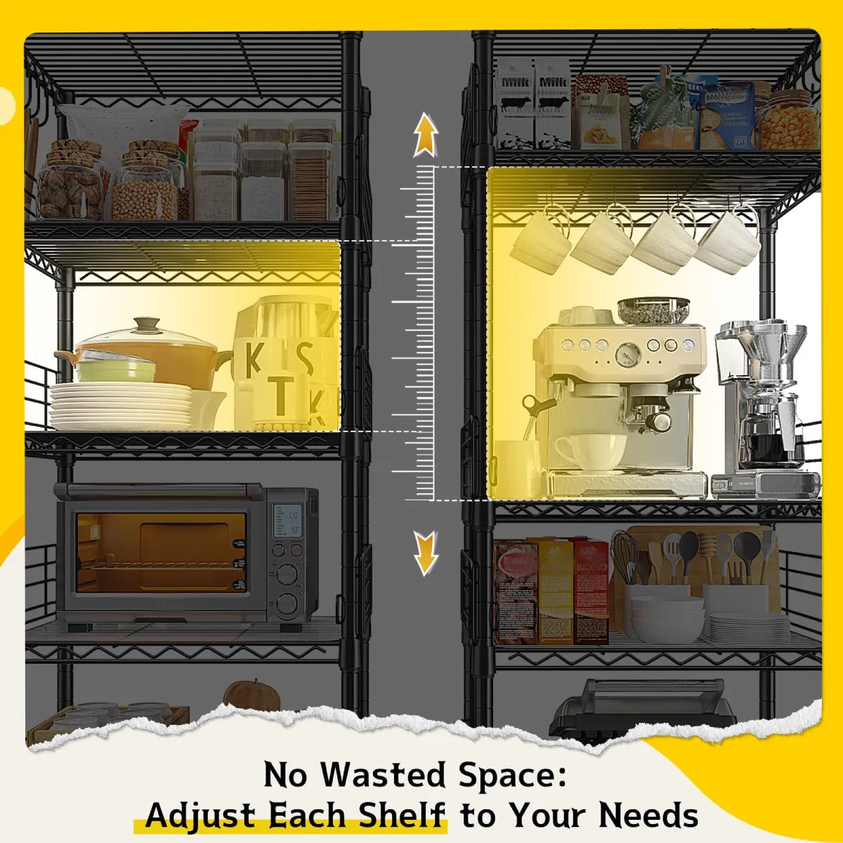 Detail graphic: shelves raised and lowered along the poles to fit a coffee machine, microwave and tall jars