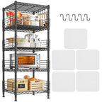 Black 5 tier wire pantry rack on a white background shown with the five included hooks and the shelf liners