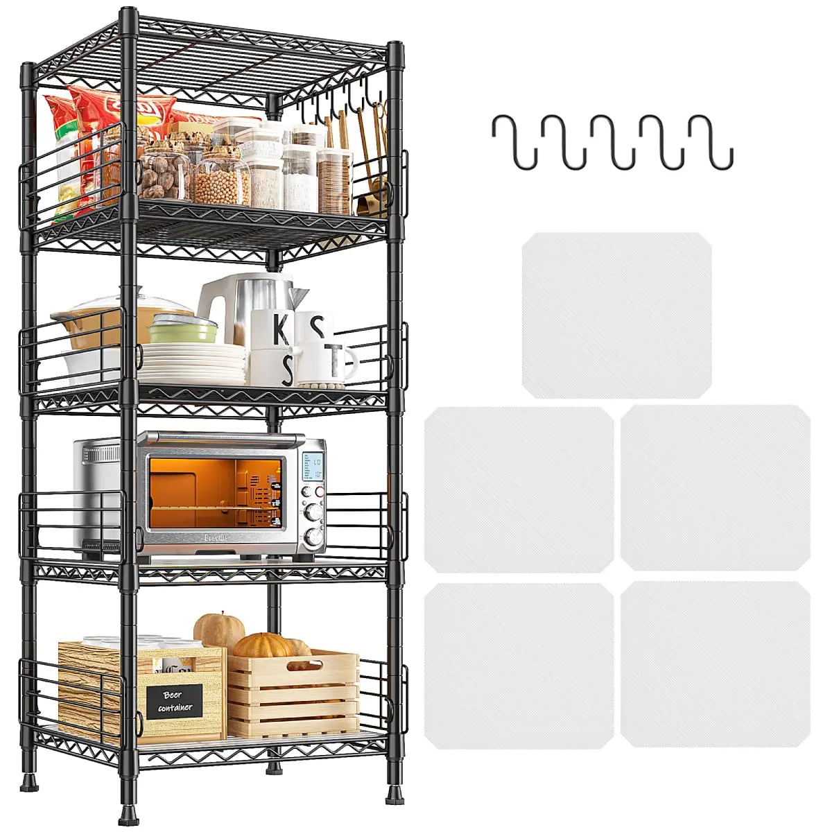 Black 5 tier wire pantry rack on a white background shown with the five included hooks and the shelf liners