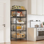 Black 5 tier pantry rack in a white kitchen beside a range, holding canned goods, jars, a wood crate and baskets
