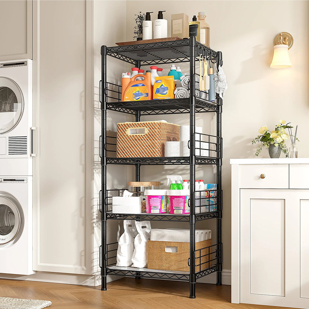Black 5 tier wire rack in a laundry room next to a washer, holding detergent, baskets and folded linens