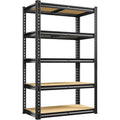 Black 5 tier metal storage shelves with natural wood boards, 28 x 12 x 59.8 in, empty, on a white background