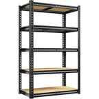 Black 5 tier metal storage shelves with natural wood boards, 28 x 12 x 59.8 in, empty, on a white background