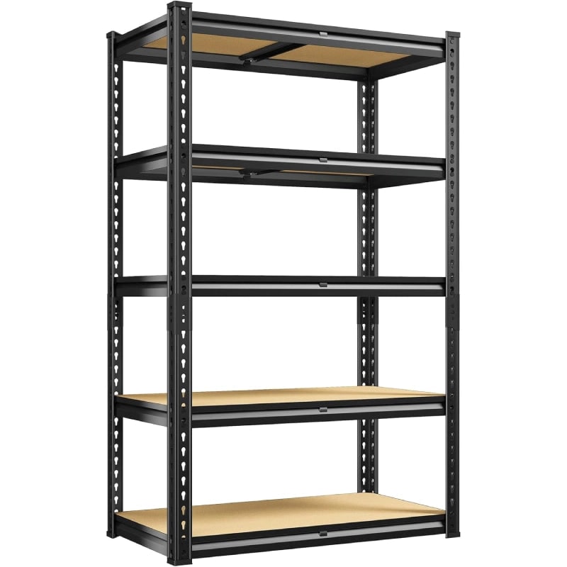 Black 5 tier metal storage shelves with natural wood boards, 28 x 12 x 59.8 in, empty, on a white background