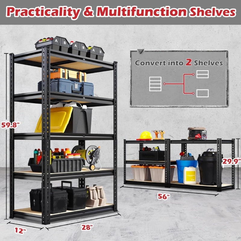 Dimension diagram: storage shelves 28 in wide, 12 in deep, 59.8 in high, and split into two racks 29.9 in tall across 56 in