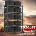 Capacity graphic: 2,020 lb total across five levels, shelves loaded with stacked tires