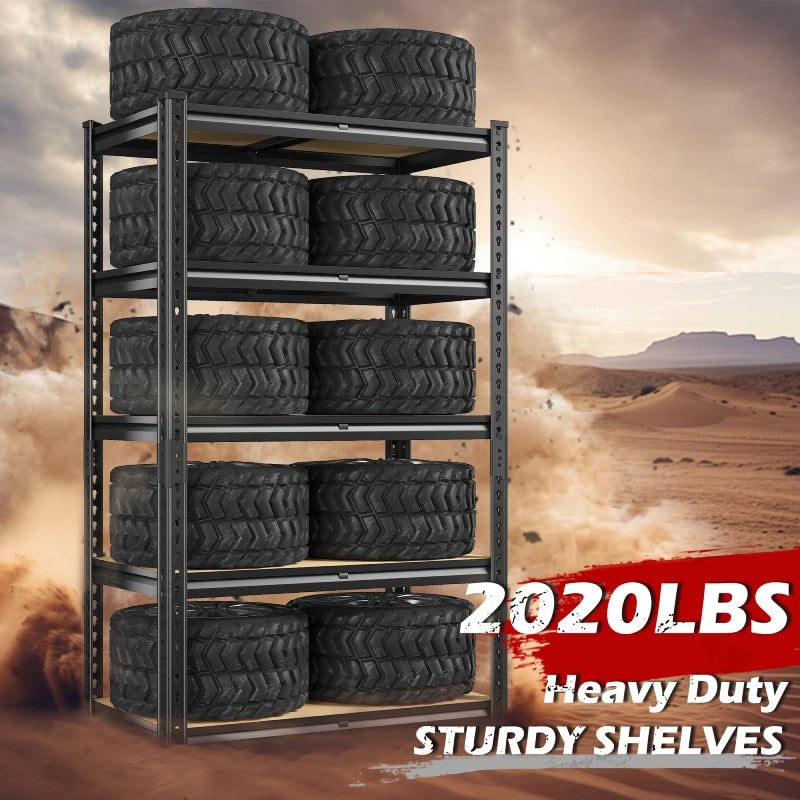 Capacity graphic: 2,020 lb total across five levels, shelves loaded with stacked tires
