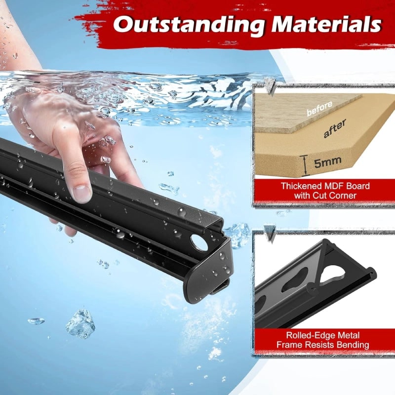 Detail graphic: 5 mm thickened board with cut corner and rolled edge metal frame that resists bending
