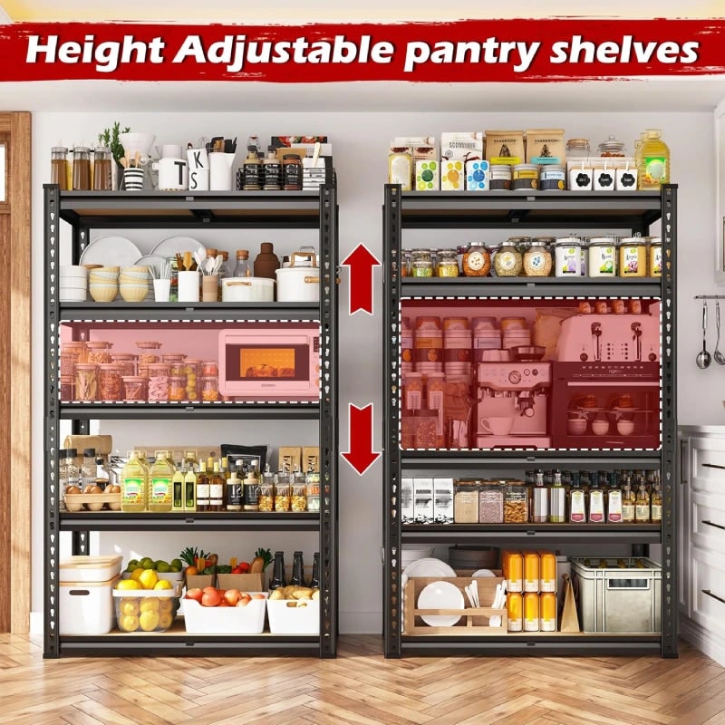Detail graphic: shelf heights raised and lowered on the same pantry rack, loaded with jars and canisters