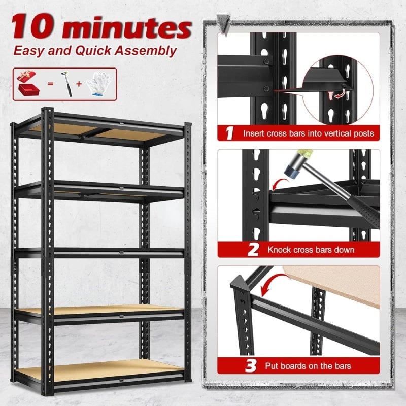 Assembly graphic: three step boltless build with a rubber mallet in about 10 minutes