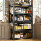 Black and wood 5 tier rack in a kitchen pantry holding jars, a microwave, canisters and dishes